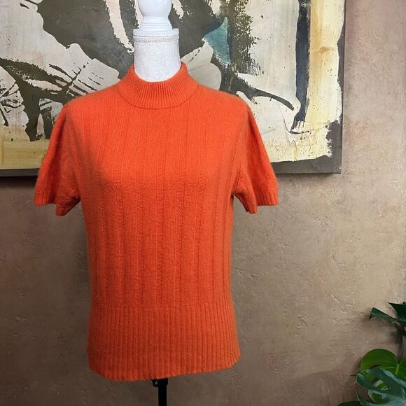 VINTAGE WOOL SHORT SLEEVE MOCK TURTLENECK NINA CHARLES KASPER ORANGE SWEATER L - Picture 6 of 13